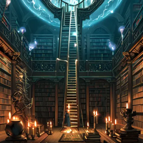 library at night, ancient knowledge, lonely, oil painting, long ladder at the corner, illuminated by candles, magic particles fl...