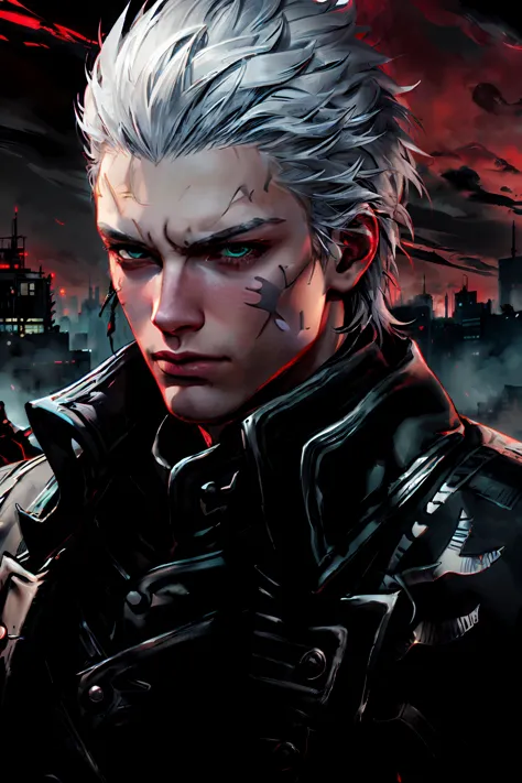 unknowndmc5vergil, solo, 1boy, male focus, white hair, coat, realistic, closed mouth, grey hair, hair slicked back, short hair, looking at viewer, gloves, jacket, fingerless gloves, portrait, grey eyes, demonictech city, red sky, demons in background