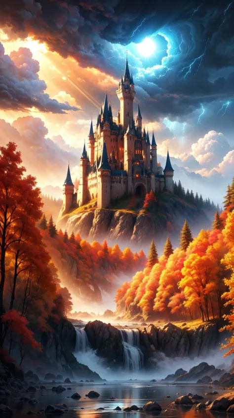 a river runs through a beautiful and colorful fairy tale valley, thick autumn forest, Huge majestic gothic castle, storm, tornad...
