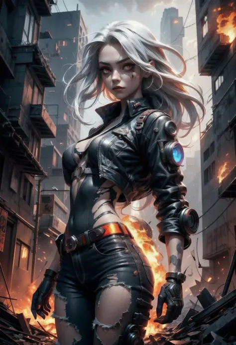 1girl, character focus, looking at viewer, red eyes, long hair, white hair, expressionless, defiant, torn clothes, undead, cyberpunk\(theme\), cowboy shot, wind, fire, city ruins, fog, dynamic angle, from below, close-up