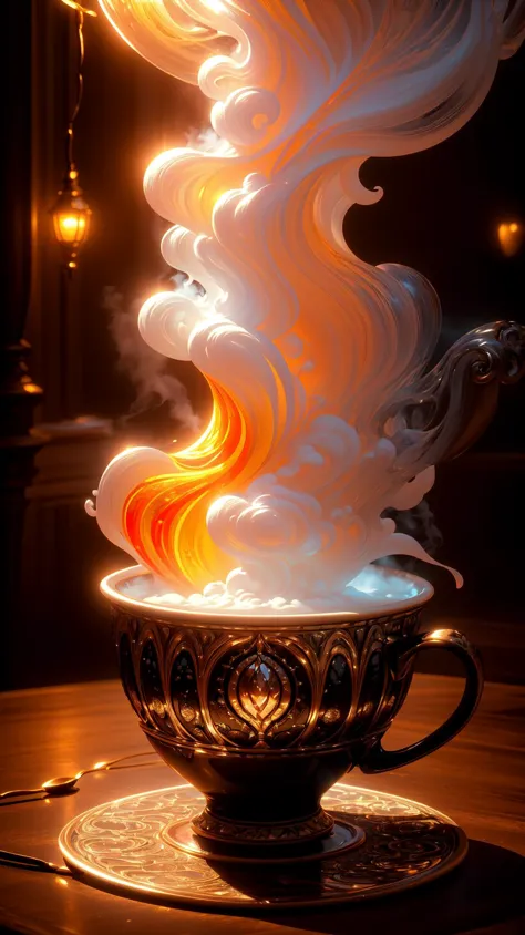 a studio product photo of an ornate cup of coffee (emitting magical mist and bright colorful lights:1.3),  victorian, filigree, ...