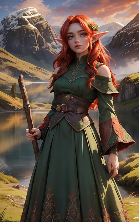 a woman in a green dress holding a stick in front of a mountain