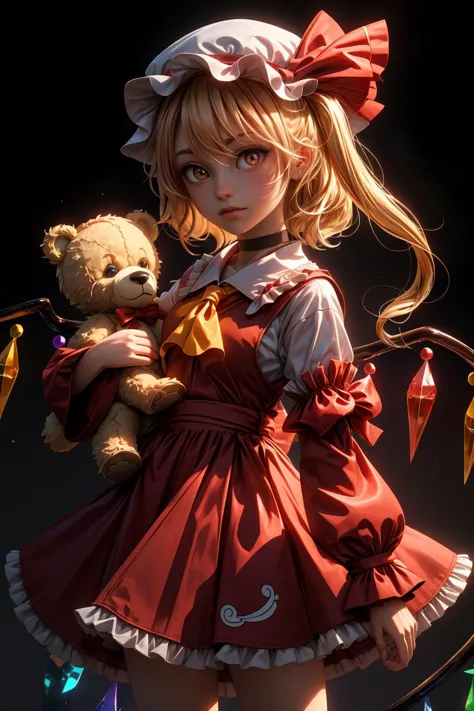 anime girl in a red dress holding a teddy bear