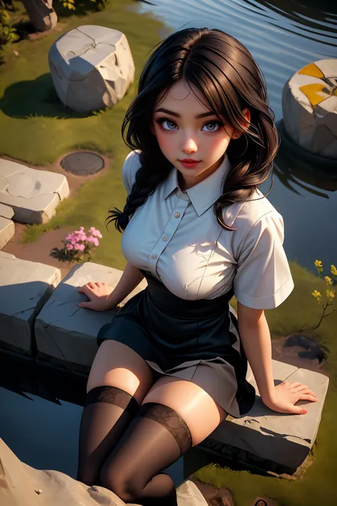 anime girl sitting on a stone ledge next to a pond