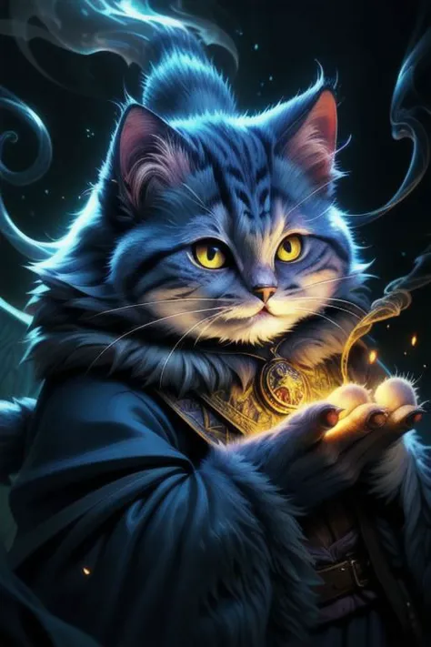 a portrait of a fluffy (wizard cat:1.2), extremely detailed, vivid colors, fairy tale, fantasy, medieval, magical light, smoke, ...