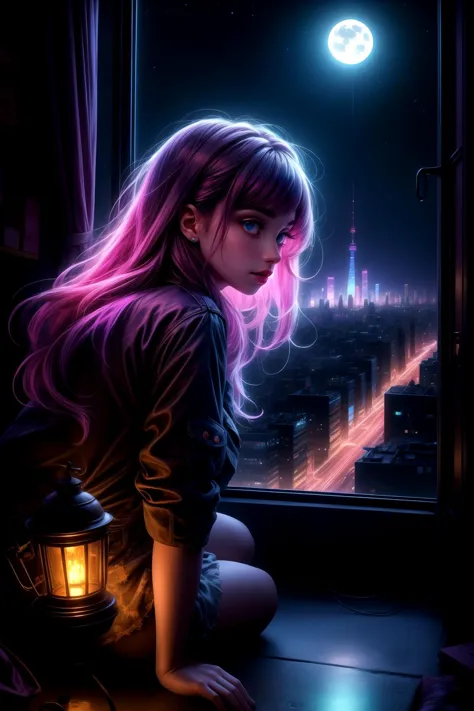 a girl looking through his window to a neon city at night,  <lora:add_detail:0.4>, 8k, hdr, (masterpiece, best quality)