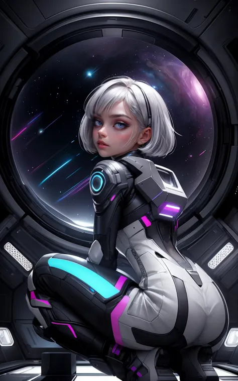 (over the shoulder:1.1), movie still,side view, spaceship cockpit, beautiful young skinny auburn caucasian adult woman sitting in spaceship cockpit looking over shoulder at viewer, glowing holographic instruments,(beautiful face:1.11),from behind, smart fabric jumpsuit:1.3,lightweight structured jacket with sharp geometric lines, utility belt, knee-high boots, fingerless gloves,(large spaceship cockpit with highly polished flooring and stellar view),backlit hair,perfect face,(pale freckles:0.6),(black and silver accents),perfect eyes,(studio lighting:0.3),low key, thin pouting lips,(white bob hair, ombre++ hair:1.2),wide set soft+ turquoise++ eyes, skin pores,(small retrousse nose:1.2), (pale skin),ultra detailed,(Intricate Environment)++,best quality, masterpiece, dramatic angle, highest detailed face,eyelid shimmer makeup,silver eyeshadow,iridescent cheekbones,muted rose lips,deep space blue, BREAK, starlight silver, nebula pink, and black hole black, planetary rings, asteroid clusters, geometric shapes, angular contours,Holographic control panels, chiaroscuro effects, reflective surfaces, star-filled skies, distant galaxies,Chrome finishes, brushed steel, shimmering surfaces, iridescent materials, Minimalist design, clean lines, modernistic details,8k,best quality,masterpiece,(large covered breasts:0.9)