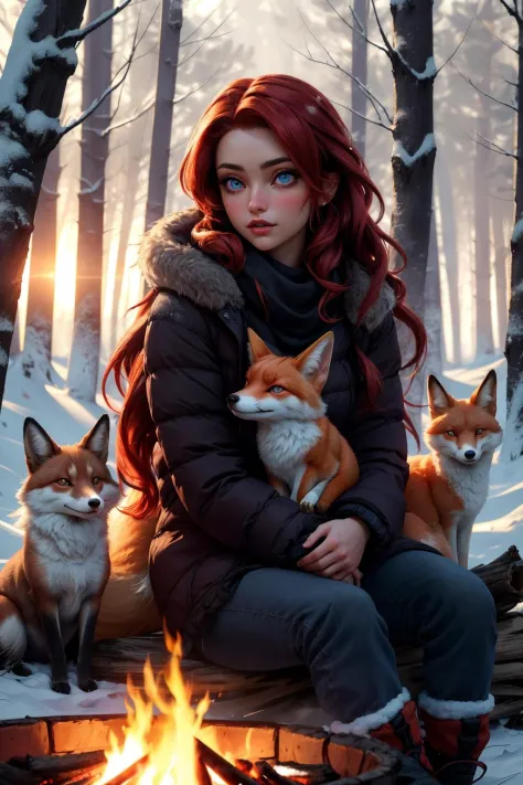 a beautiful girl with a cute pet fox, red hair, european, in a winter forest, warm fur clothes, (perffect eyes), fully clothed, ...
