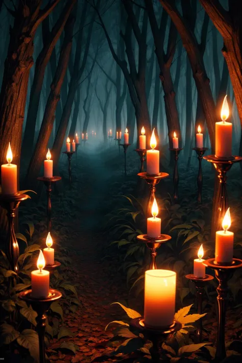 an eerie autumn forest lit by candles, uhd, candles, dark, high contrast, 8k, bright and vivid colors, (intense lighting: 1.3), award winning masterpiece, extremely detailed, cinematic,