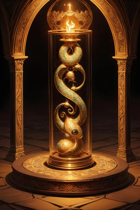Scheherazade, a snake in the sand, 1001 nights, oil lamp, symmetrical, ((mc escher style)), hp lovecraft, eerie, swirling abstra...