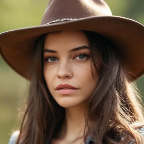 a close up of a woman wearing a hat and a blue shirt