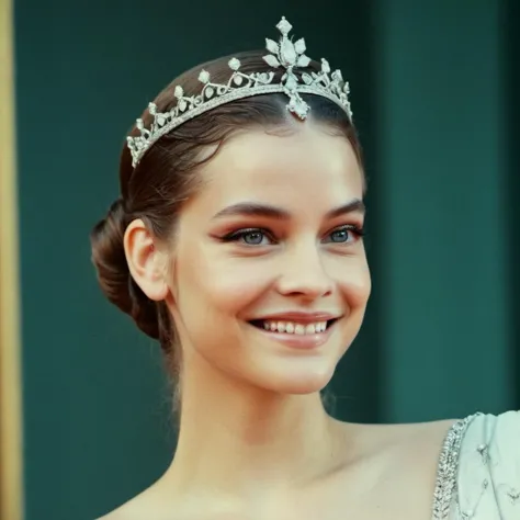 a woman wearing a tiara smiles while wearing a tiara