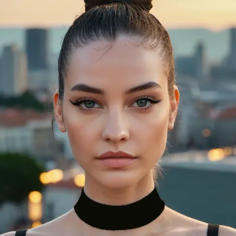 a woman with a black choke and a black top is looking at the camera