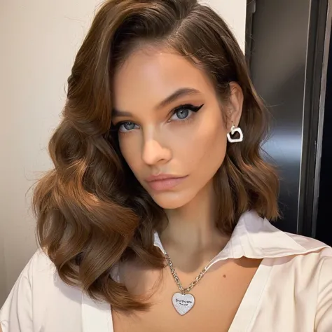 a woman with long hair wearing a white shirt and a heart necklace