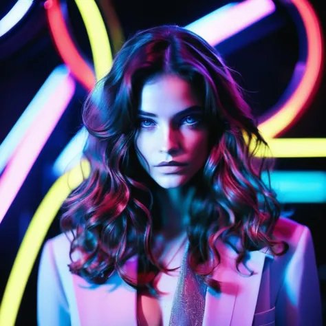 a woman with long hair and a suit posing in front of neon lights