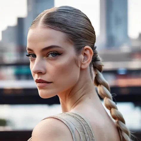 a close up of a woman with a braid in her hair