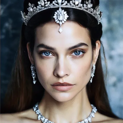 a close up of a woman wearing a tiable and a necklace