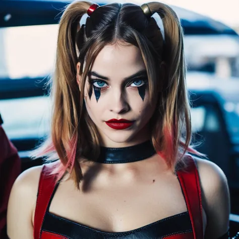 a close up of a woman with a red and black outfit