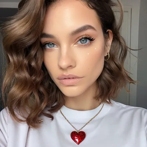 a woman with a heart necklace and a white shirt