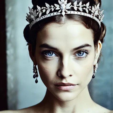 a close up of a woman wearing a tiara and earrings