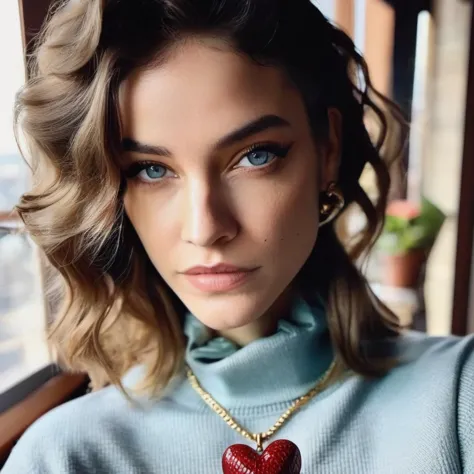 a close up of a woman with a heart shaped necklace on her neck