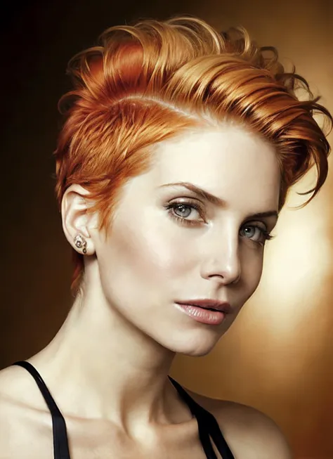 a close up of a woman with a red hair and a black top