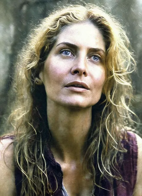 a close up of a woman with long hair and a purple shirt