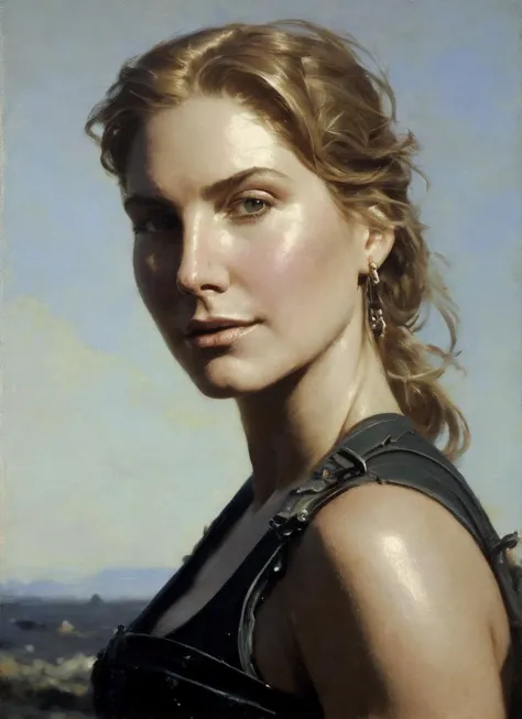 a painting of a woman with a leather vest and earrings