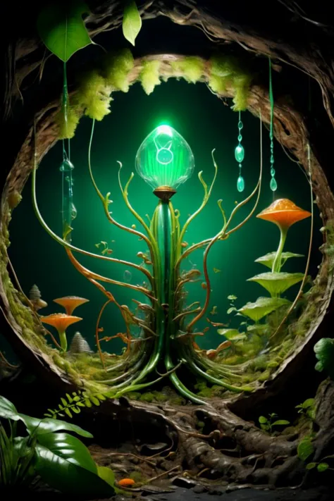 a green light is shining in a dark forest with mushrooms