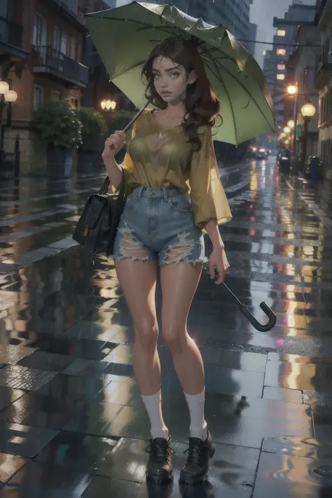 painting of a woman walking down a street holding an umbrella