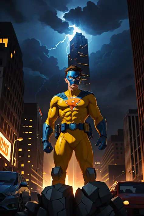 A boy is a superhero who has the power to control electricity. He is wearing a blue and yellow costume and a mask, and he has a ...