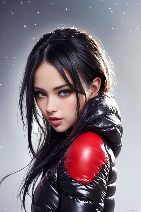 A stunning portrait of a young, slim, cute, sweet European woman, radiating elegance and beauty. She is dressed in a fashionable, collared, (colorful), shiny and glossy, (puffer down jacket). ((Very High Yoked)), (((full zippped up yoke, jackets yoke covering lower face))). The lighting is soft, highlighting her features and emphasizing the high glossy texture of her clothes. Cinematic lighting, very cold, lite snowing, high resolution, winter fashion, realistic shading, digital painting, artstation, sweetest, cutest, ((tempting)). close up shot. by Parkasite. <lora:Parkasite_v10:0.8>  <lora:detailed_eye_V2:0.0>