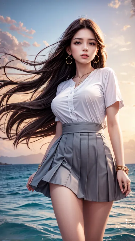 a woman in a white shirt and grey skirt standing on the beach