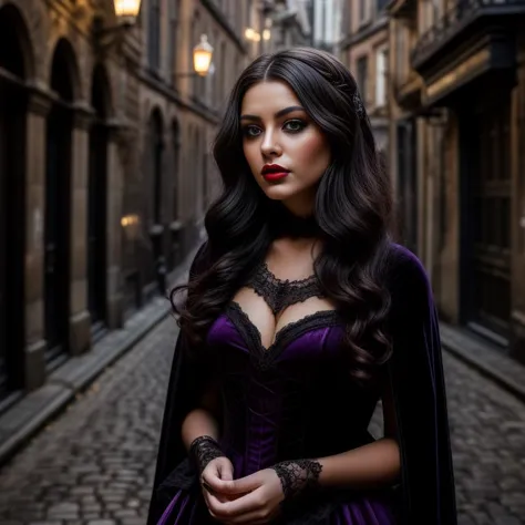 A photo of a young woman with captivating violet eyes and a tousled mass of dark brown hair. Wearing a Victorian-era velvet cape...