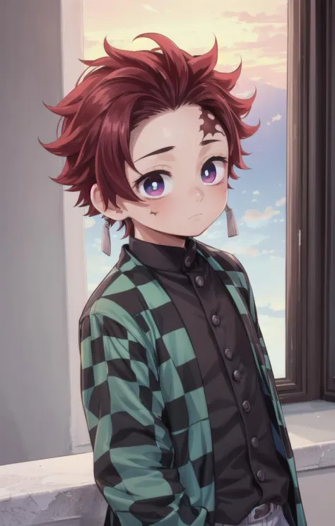 1 boy,more details in eyes,cute,looking at viewer, adorabel boy,cute face,details sky,handsome,young,juvenile,  introvert,((masterpiece:1.4,best quality)),multiple details, eyeshadow,sfw,<lora:Tanjiro:0.6>
(TANJIRO), (ORIGINALOUTFIT), (SCAR,SCAR ON FOREHEAD, CHECKERED CLOTHES, 1BOY, RED HAIR)