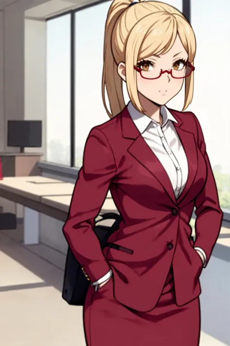 anime image of a woman in a red suit and glasses