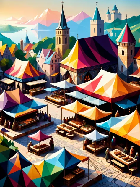 a painting of a colorful city with tents and tables