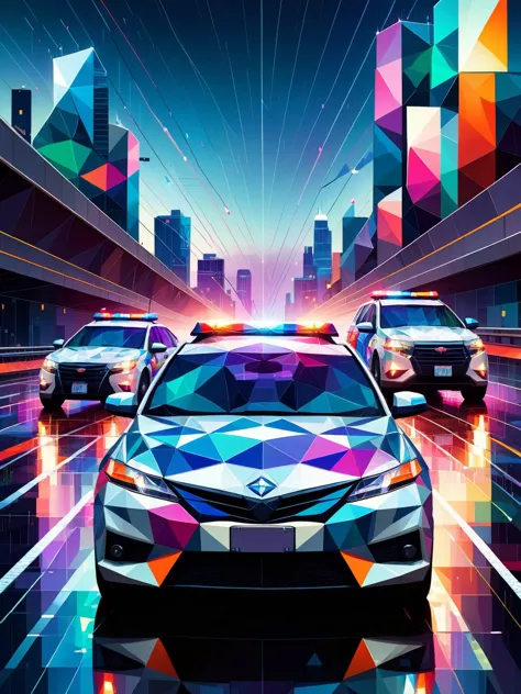 A high-speed chase scene with ral-polygon police cars and a getaway vehicle on a rain-slicked highway, the city lights reflecting off the angular surfaces in a kaleidoscope of colors <lora:ral-polygon-sdxl:1> <lora:EnvyBetterHiresFixXL01:0:hr=1>.