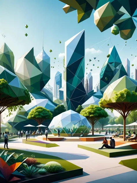 A futuristic city park scene where people and nature are a blend of organic forms and ral-polygon art, showcasing a harmony between technology and the environment <lora:ral-polygon-sdxl:1> <lora:EnvyBetterHiresFixXL01:0:hr=1>.