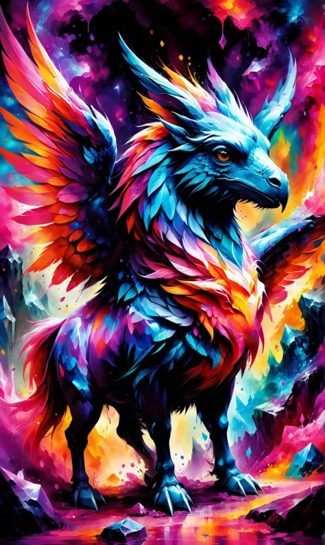 [<lora:ral-polygon-sdxl:0.5> ral-polygon:<lora:SDXLPaintSplash:0.7> colorsplash:0.5] Hippogriff in Underground kingdom of gemstone caverns, ultra-fine digital painting, <lora:xl_more_art-full_v1:0.3>,   <lora:gorgoeus_splash_of_vibrant_paint:0.7> Gorgeous splash of vibrant paint, <lora:EnvyFeverDreamXL01a:0.7>