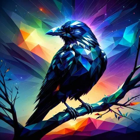 a black bird sitting on top of a tree branch next to a colorful sky