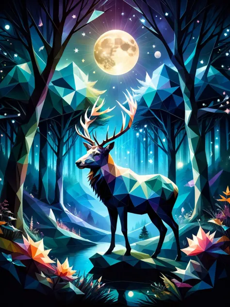 a deer standing in the woods with a full moon in the background