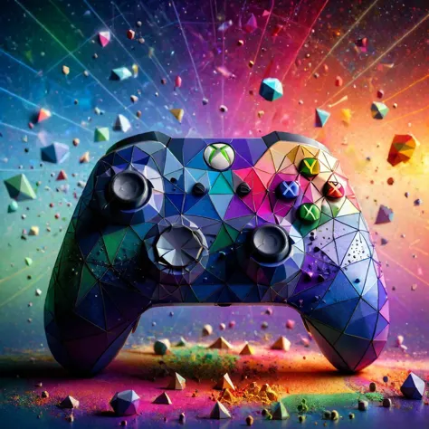 a photo shot of a xbox controller,ral-polygon,rainbow colored dust in the background,masterpiece,high quality,<lora:ral-polygon-...