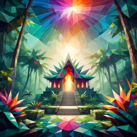 a digital painting of a temple surrounded by trees and plants