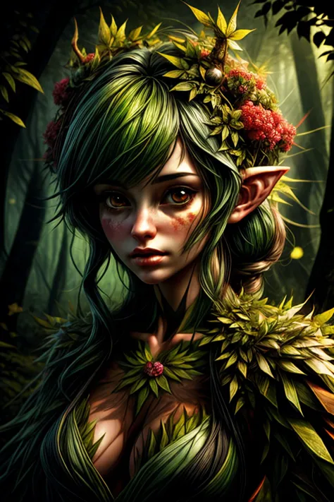 a woman with green hair and a flower crown in a forest