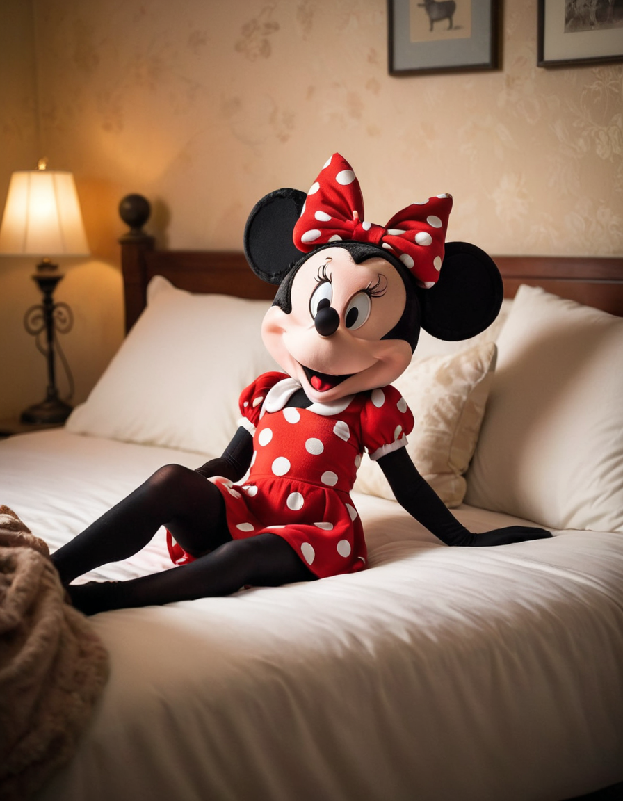 Minnie mouse plush toy sitting on a bed with a blanket - SeaArt AI