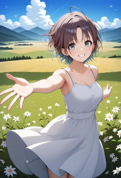 anime girl in a white dress in a field of daisies