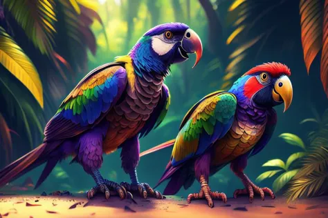 two colorful birds are standing on a branch in the jungle