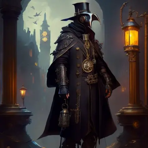 style plague doctor, gothic style, occult, villiage in background , steampunk, detailed and intricate, digital painting, artstat...