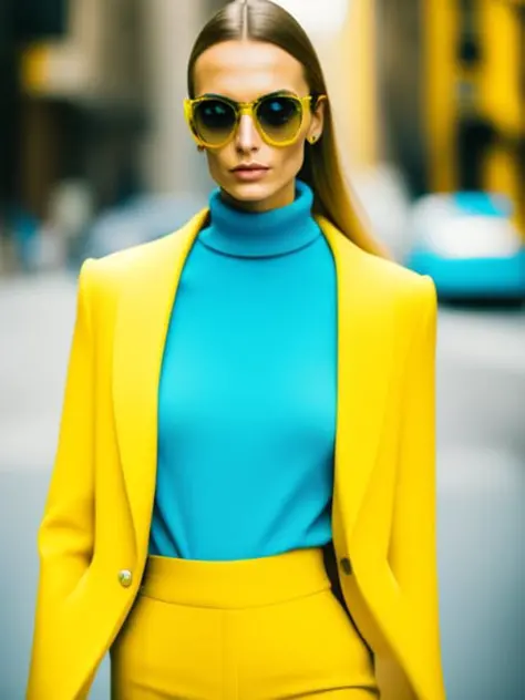 street style centered straight shot photo shot on of a woman dressed in gucci, wearing a yellow turtleneck and a blue peacoat, n...